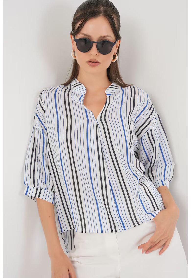 Big Dart Bluza dama HiCCUP BDART - cu dungi - decolteu in V - textil - bleumarin
