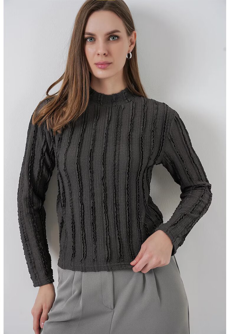 Big Dart Bluza dama - HiCCUP - Bluza Texturata Slim Fit cu Guler Inalt - Gri Carbune - Jerseu