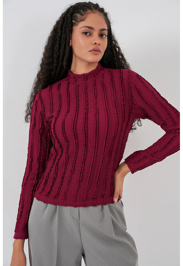 Big Dart Bluza dama - HiCCUP - Bluza Texturata Slim Fit cu Guler Inalt - Rosu Burgundi - Jerseu