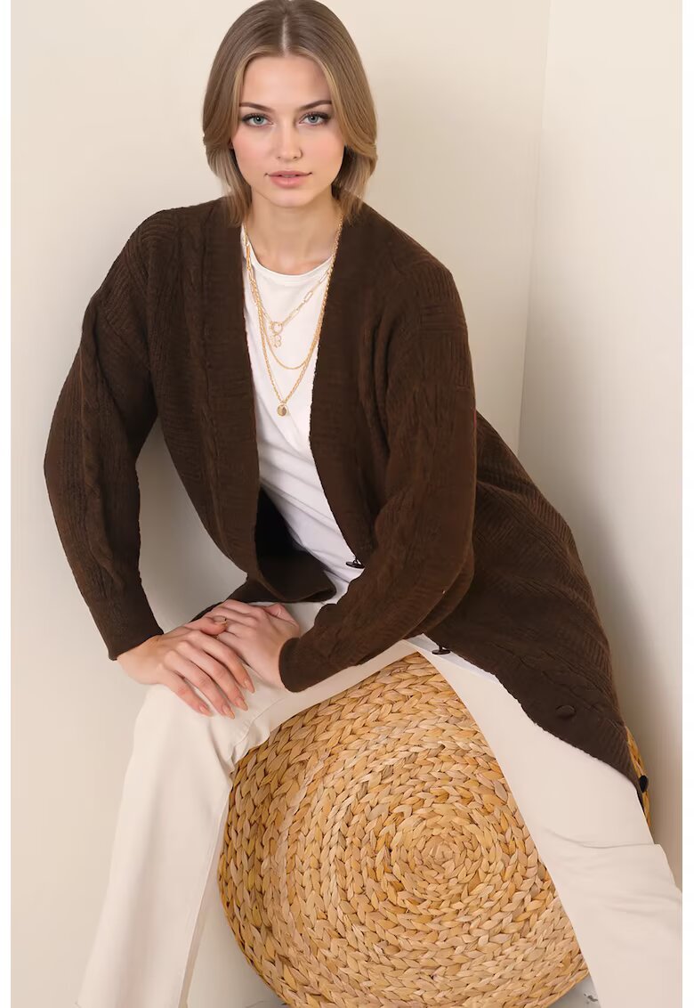 Big Dart Cardigan - BigDart - texturat Seersucker - decolteu in V - tricot - Maro -