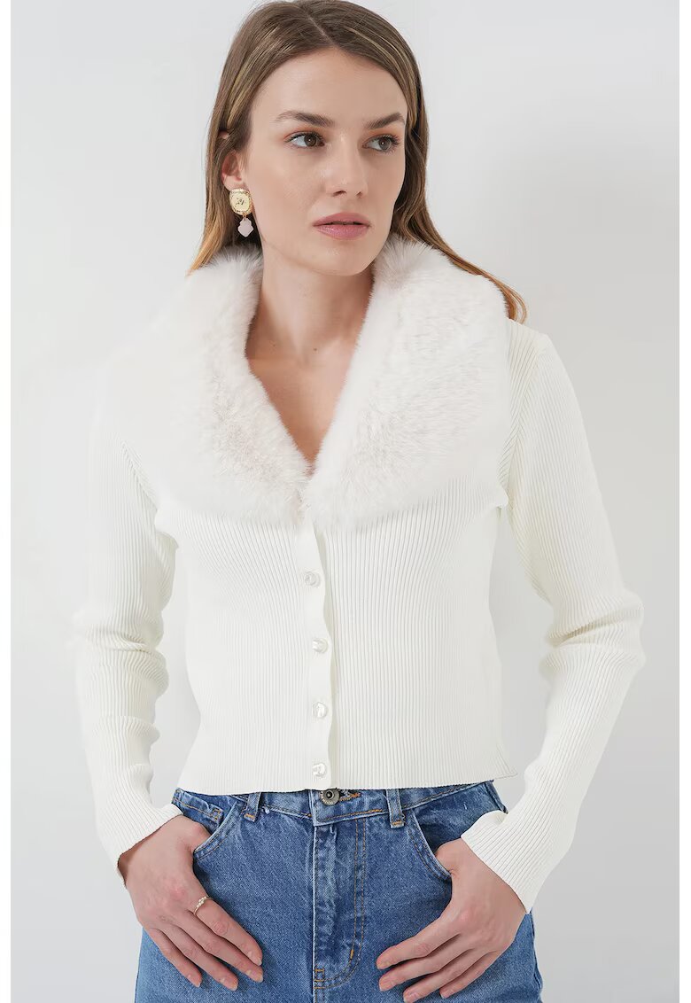 Big Dart Cardigan scurt - HiCCUP - poliester/blana artificiala - alb
