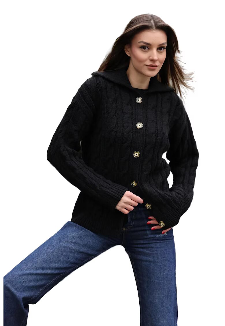 Big Dart Cardigan tricotat texturat BigDart cu guler tip camasa - acril - maneci lungi - Negru -
