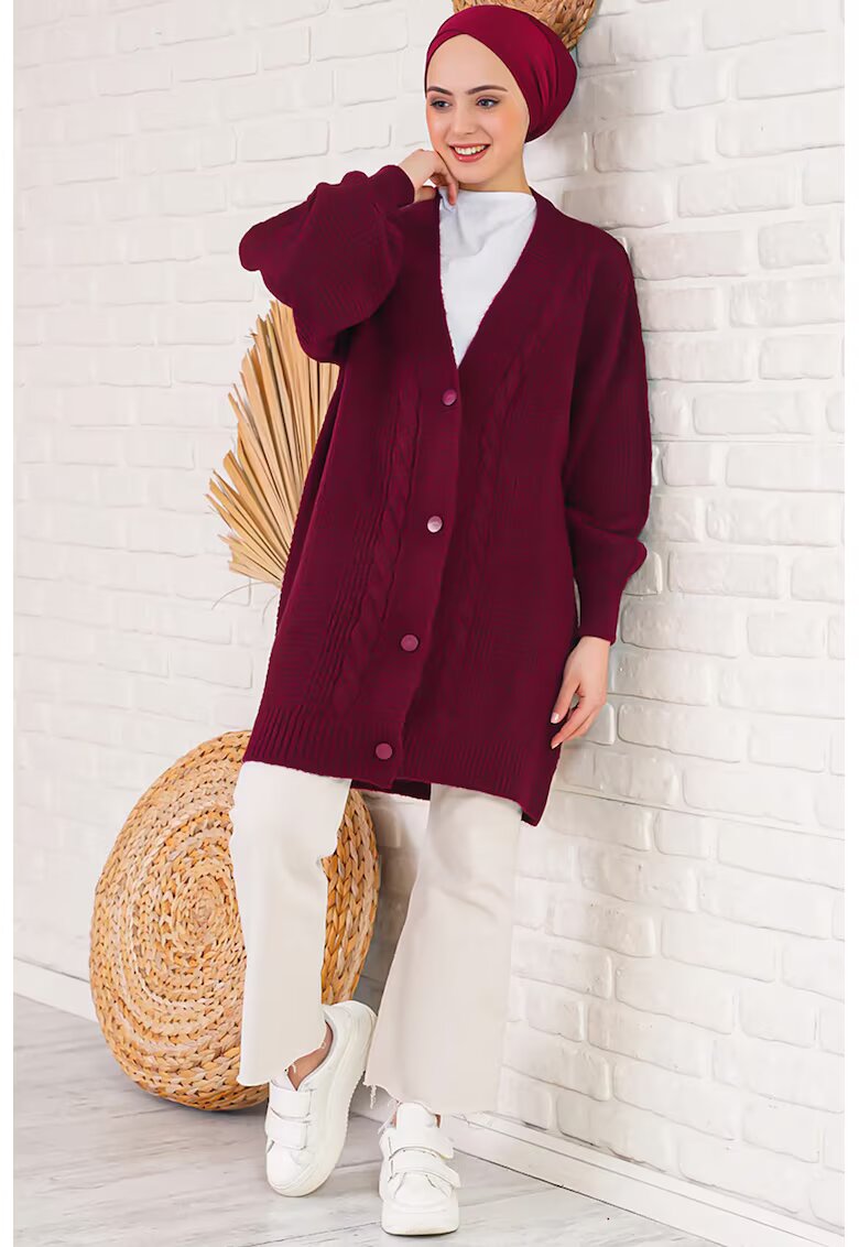 Big Dart Cardigane - Femei - Cardigan jacquard cu decolteu in V si nasturi BDART - Rosu Burgund -