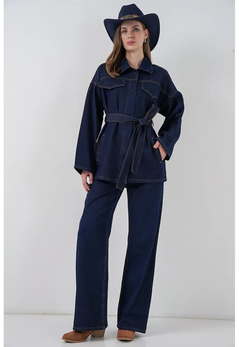 Big Dart Costum dama - HiCCUP - set denim - jacheta cu buzunare - pantaloni drepti - albastru marin - denim