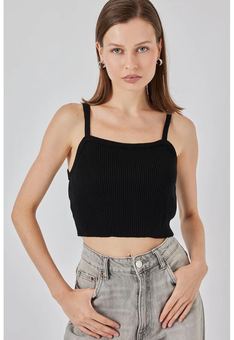 Big Dart Crop top dama - Crop Top - Guler Patrat - Tricot - Negru -
