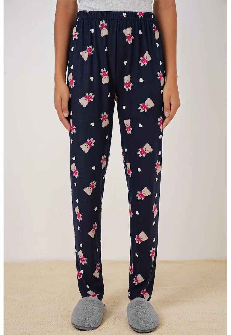 Big Dart Pantaloni de pijama HiCCUP - model cu imprimeu ursuleti - poliester/jerseu - bleumarin