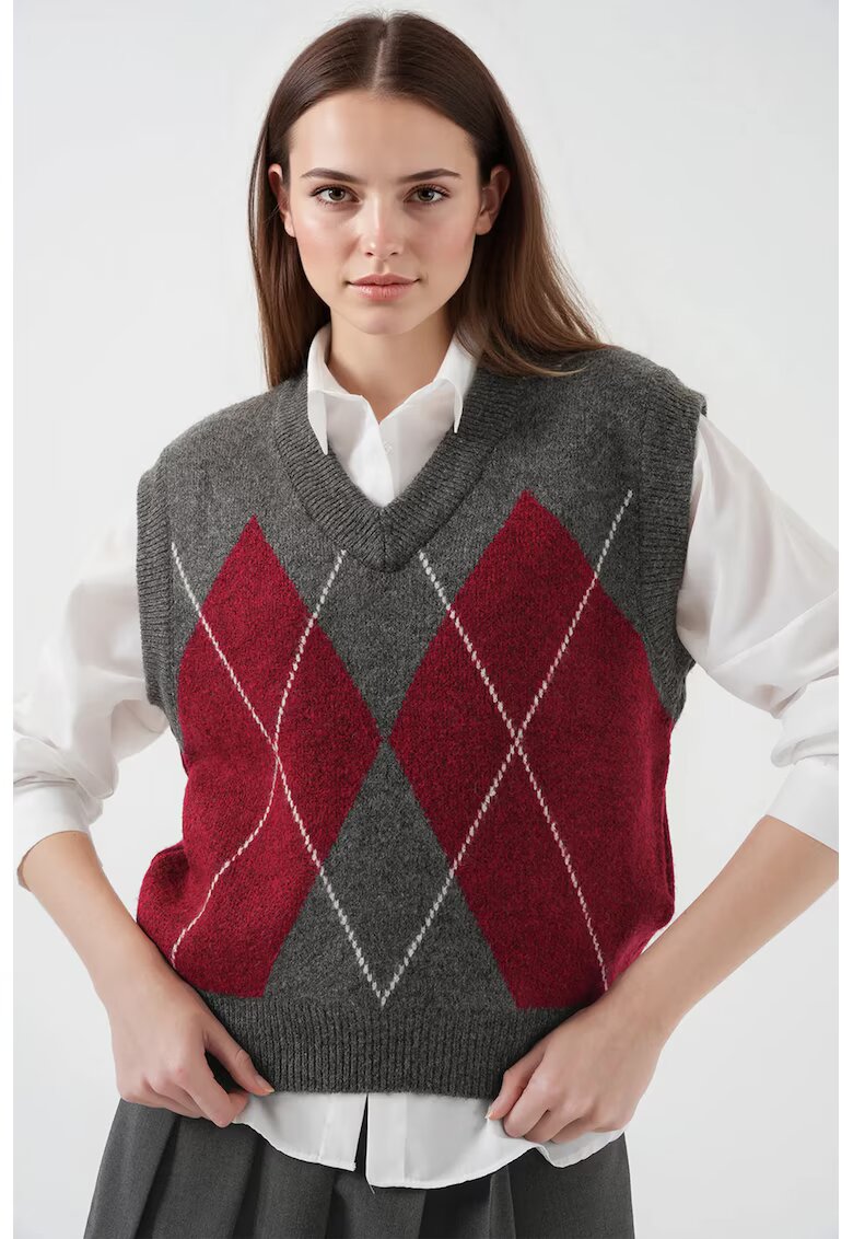 Big Dart Pulover dama - BigDart - vesta cu decolteu in V - model geometric - tricot - Gri carbune -