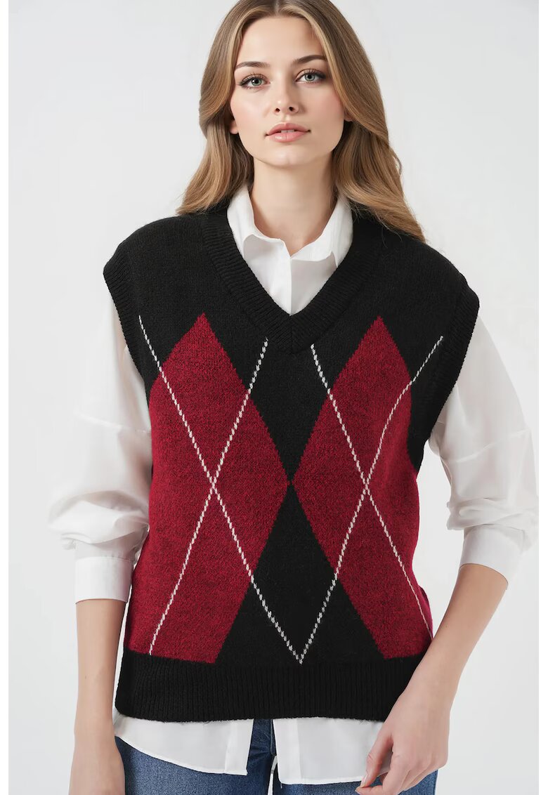 Big Dart Pulover dama - BigDart - vesta de pulover cu decolteu in V - model geometric - tricot - Negru -
