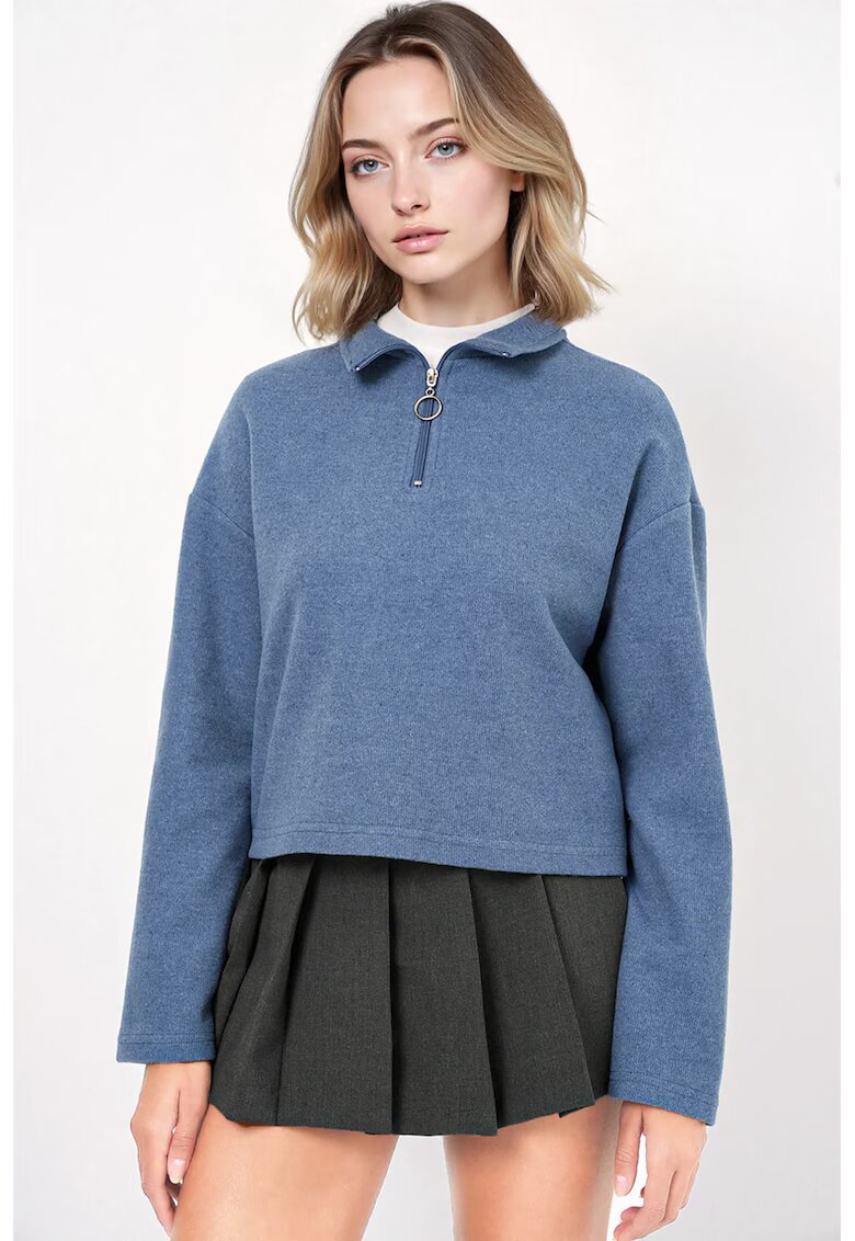 Big Dart Pulover dama HiCCUP Relaxed Fit Crop - guler cu fermoar - bleumarin - bumbac si poliester
