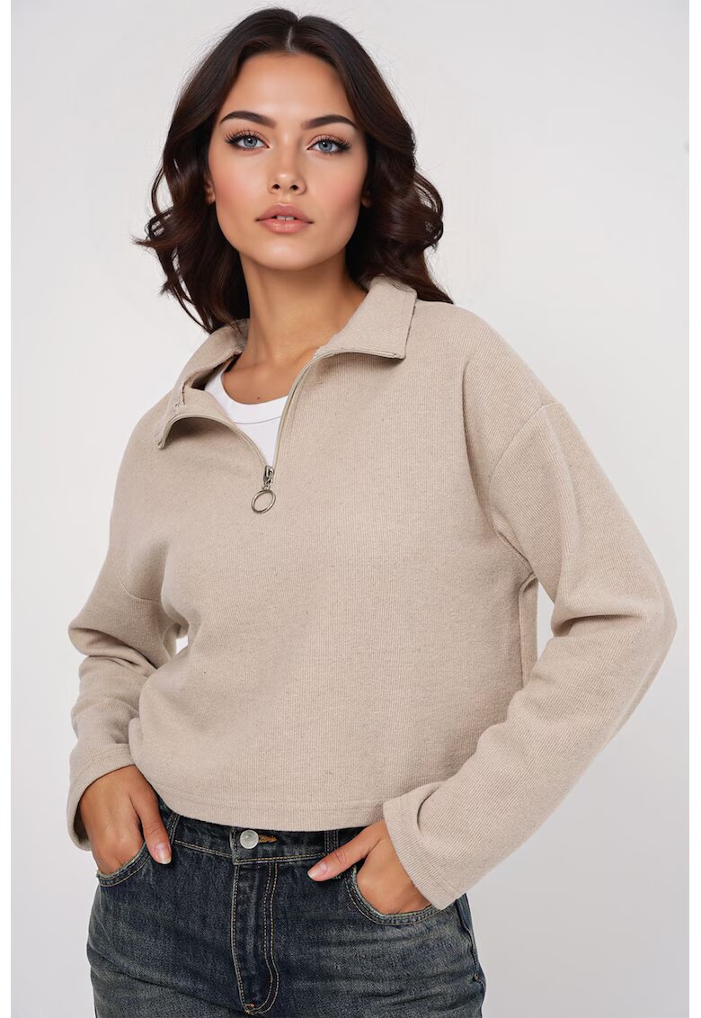 Big Dart Pulover dama - HiCCUP - Relaxed Fit Crop - guler cu fermoar - crem - bumbac si poliester