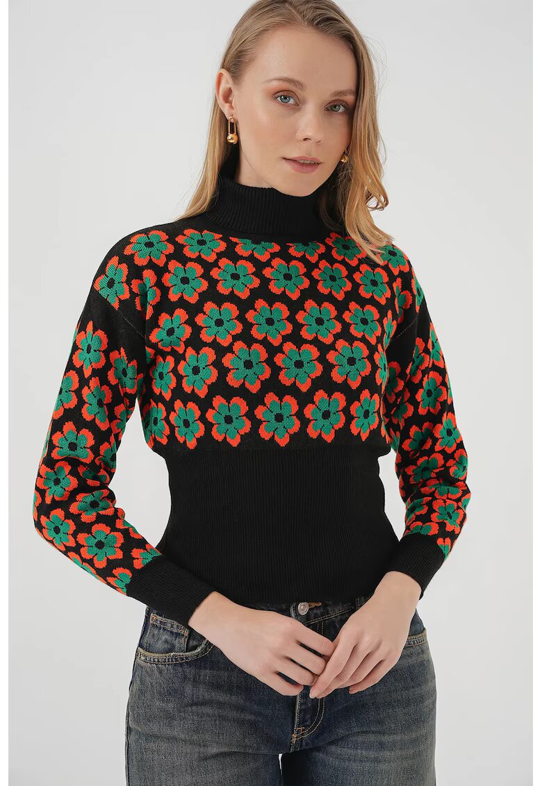 Big Dart Pulover scurt - BigDart - guler inalt - model floral - tricot - Dovleac Portocaliu -