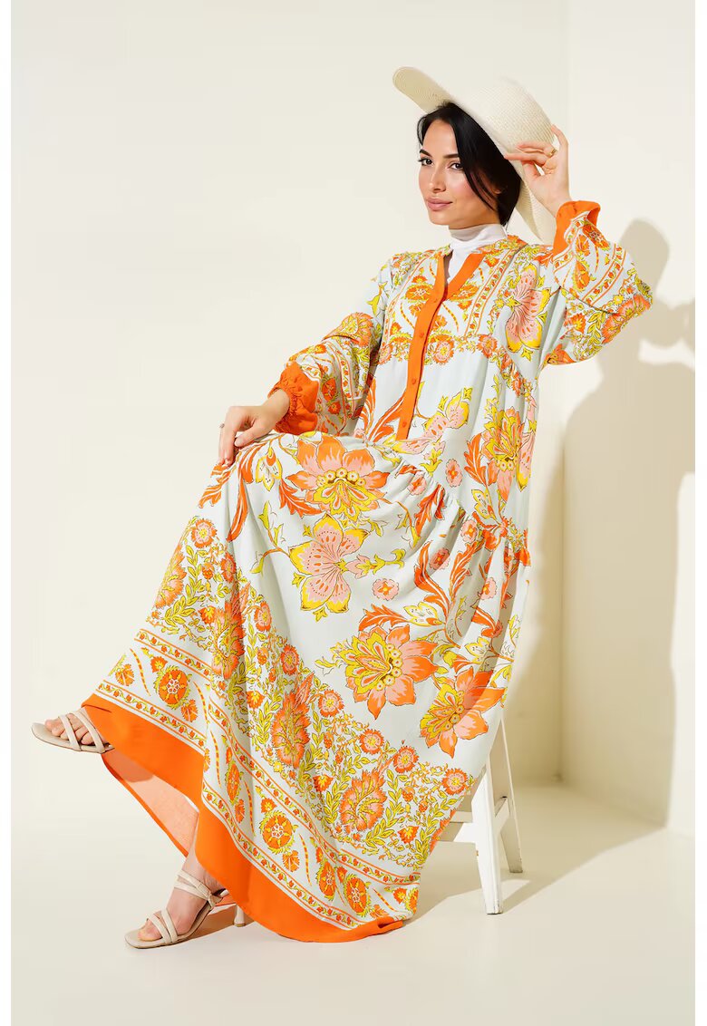 Big Dart Rochie maxi dama HiCCUP - viscoza - decolteu V - cu nasturi - multicolor