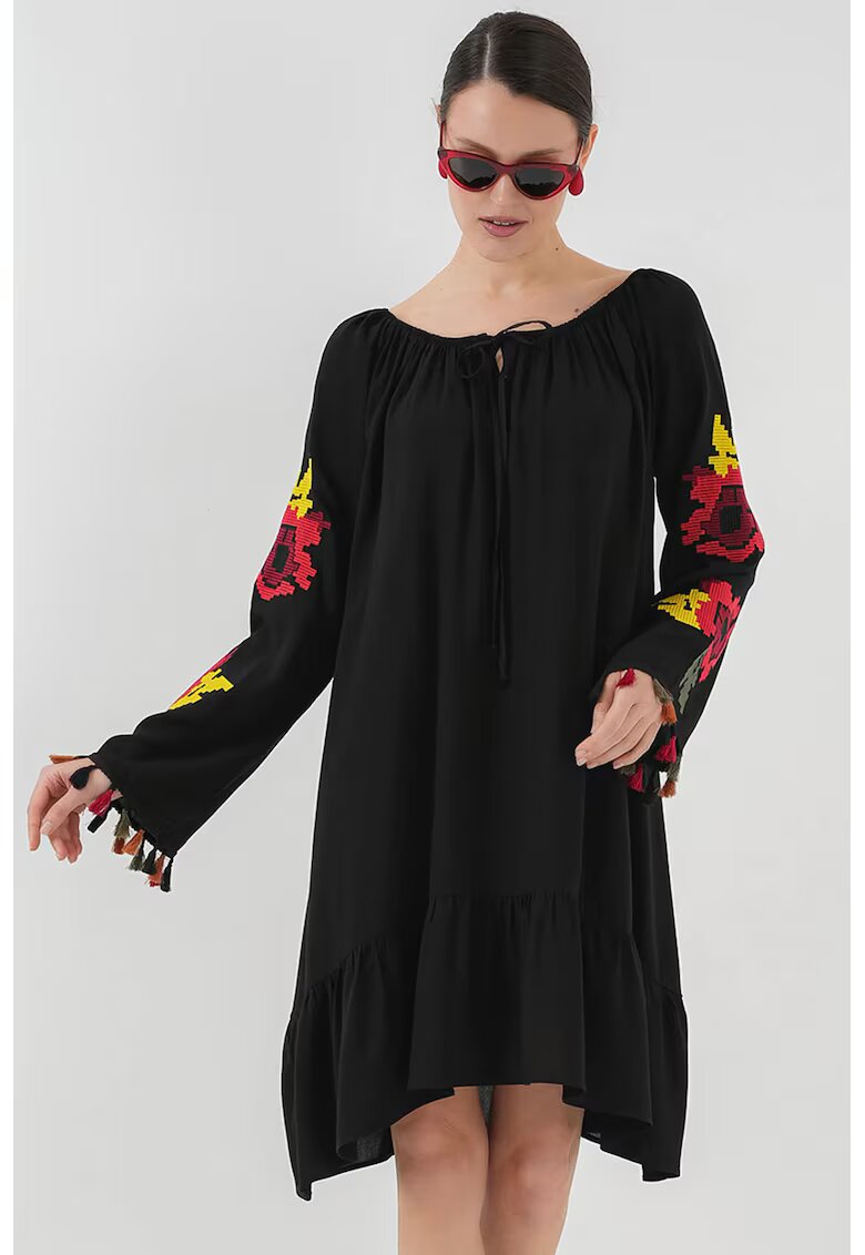 Big Dart Rochie midi brodata dama - HiCCUP - cu volane - poliester/viscoza - multicolor