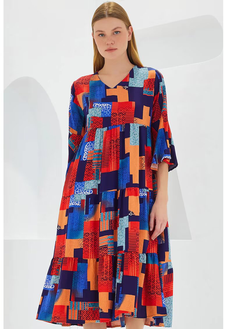 Big Dart Rochie midi dama - HiCCUP - decolteu in V - viscoza - multicolor