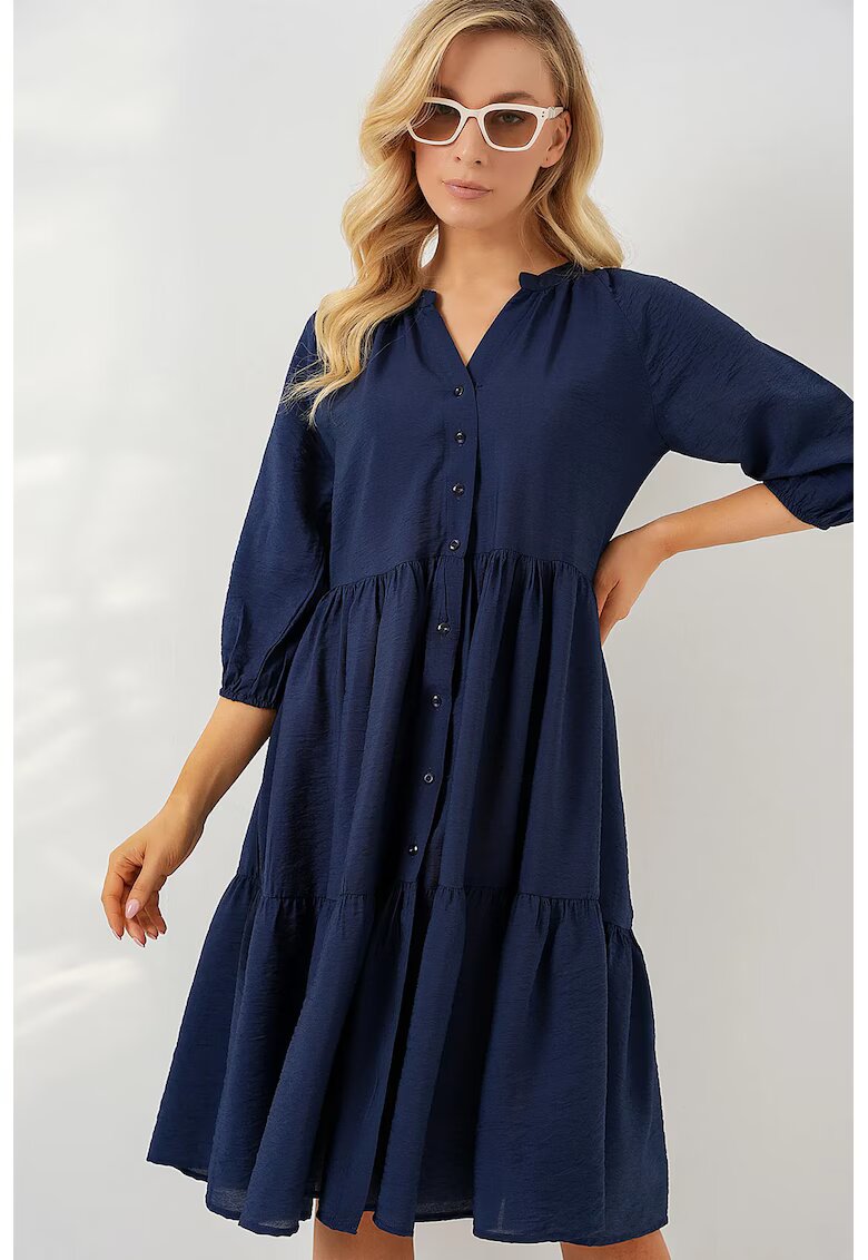 Big Dart Rochie midi dama HiCCUP - maneci trei sferturi - viscoza/nylon - bleumarin