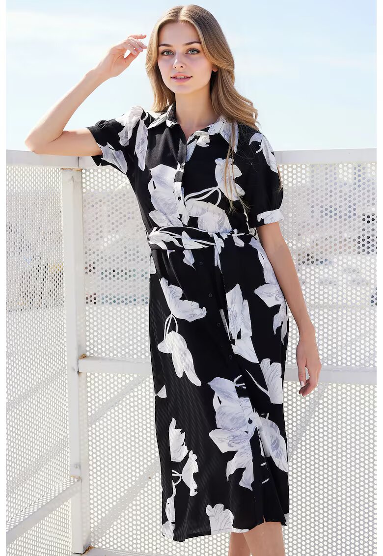 Big Dart Rochie midi dama HiCCUP - viscoza - imprimeu floral - alb/negru