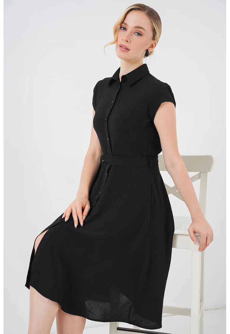 Big Dart Rochie Midi HiCCUP - A-line - guler camasa - negru - textil