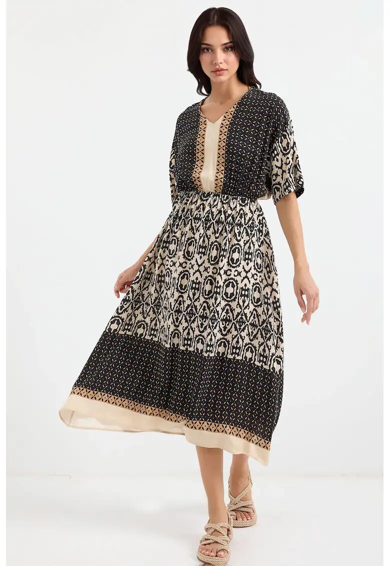 Big Dart Rochie midi - HiCCUP - decolteu in V - imprimeu - negru - viscoza
