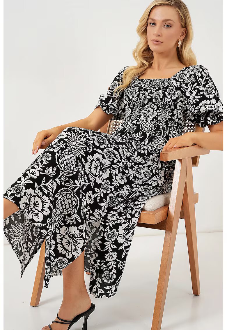Big Dart Rochie midi - HiCCUP - imprimeu floral - guler patrat - crapatura - negru - viscoza