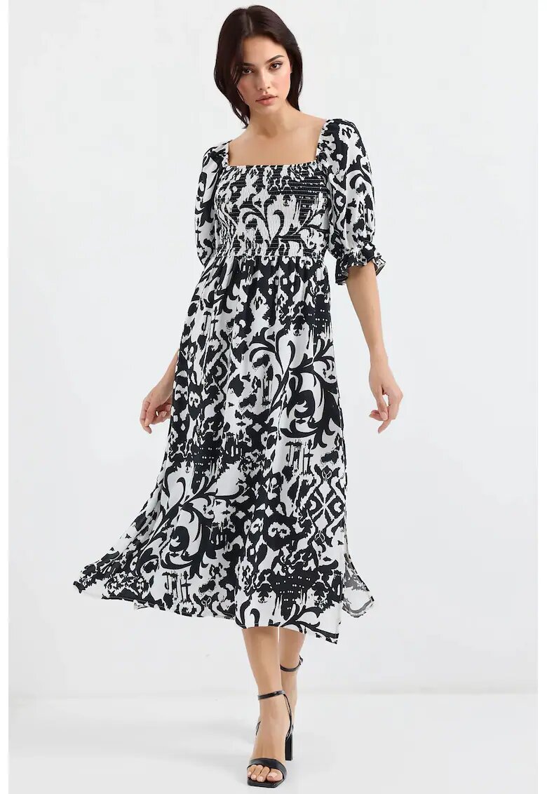 Big Dart Rochie midi - HiCCUP - imprimeu - guler patrat - crapatura - negru - viscoza