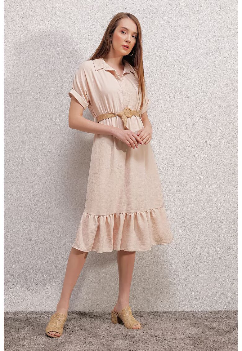 Big Dart Rochie Midi Texturata cu Curea si Guler de Camasa - Textil - Crema naturala -