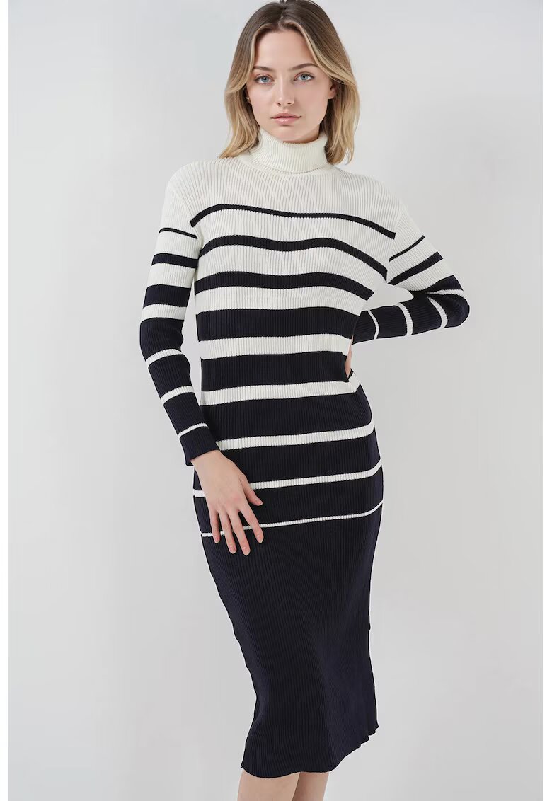 Big Dart Rochie midi tricotata cu guler inalt - dungi - tricot - Negru -