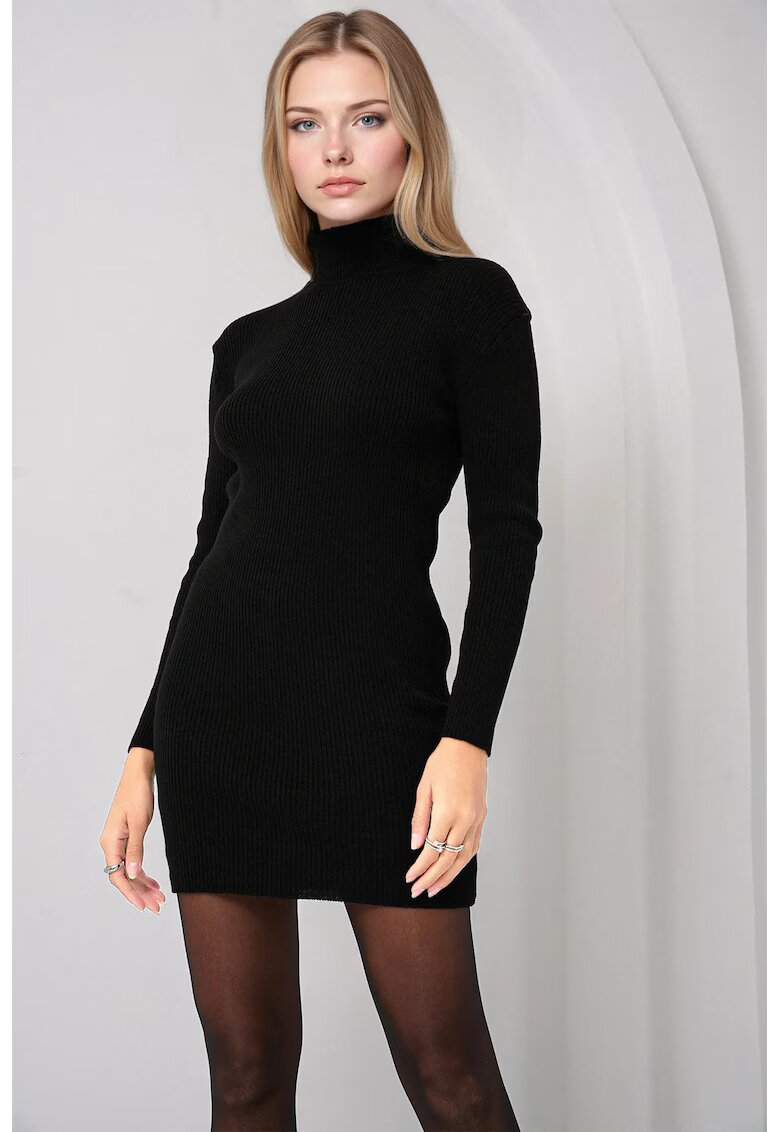Big Dart Rochie mini tricotata - guler inalt - design texturat - tricot - Negru -