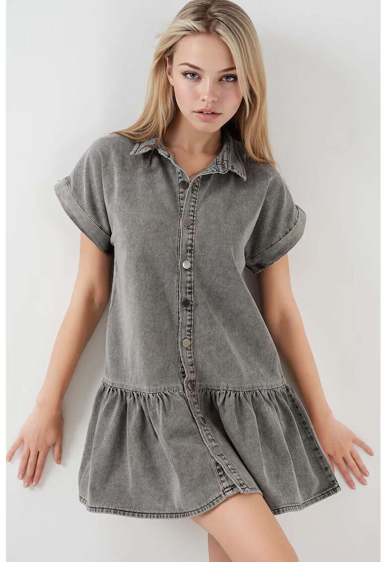 Big Dart Rochie scurta din denim HiCCUP - guler camasa - detaliu cu nasturi - gri - bumbac