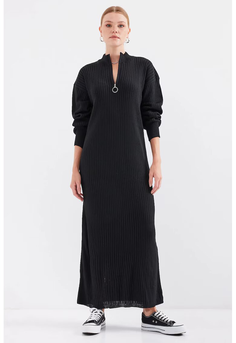 Big Dart Rochie tricotata texturata - guler inalt - fermoar - neagra - tricot - Negru -