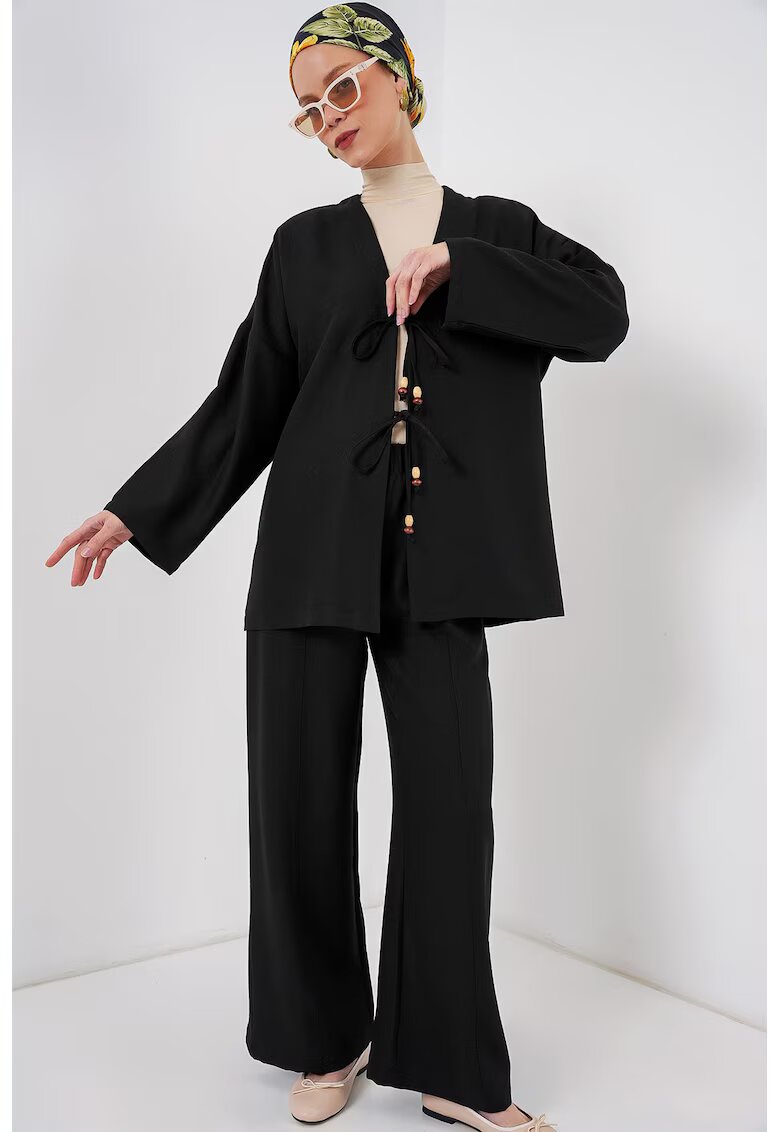 Big Dart Set dama - HiCCUP - cardigan texturat cu decolteu in V si pantaloni largi - negru - textil