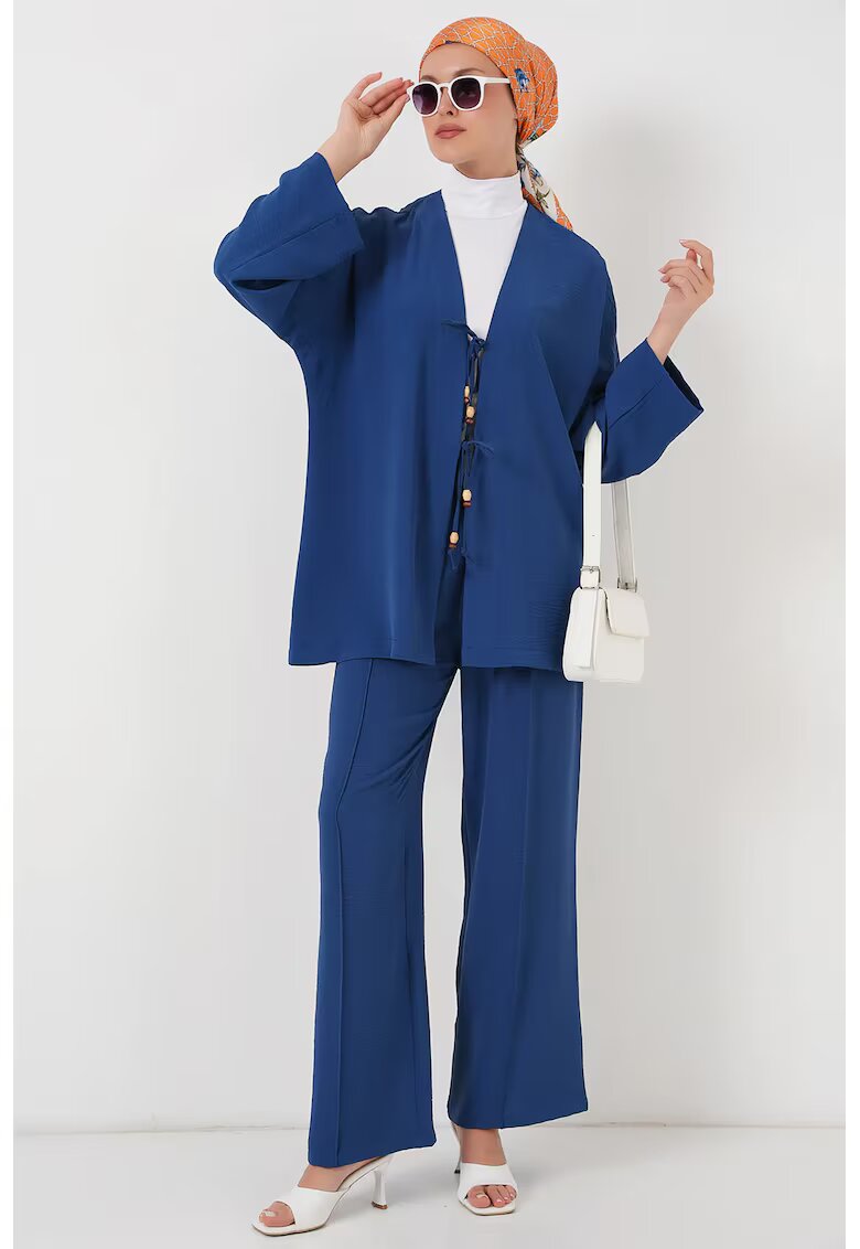 Big Dart Set doua piese - HiCCUP - cardigan lung texturat cu decolteu in V si pantaloni - albastru - poliester si elastan