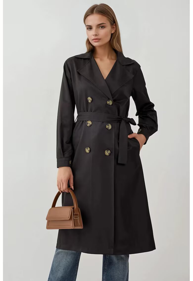 Big Dart Trench lung BigDart - poliester - cu doua randuri de nasturi - Negru -