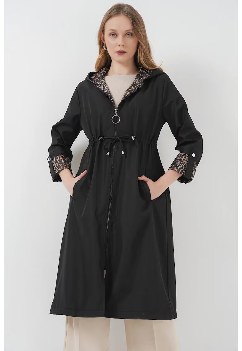 Big Dart Trench lung cu gluga - HiCCUP - poliester - cu snur in talie - negru