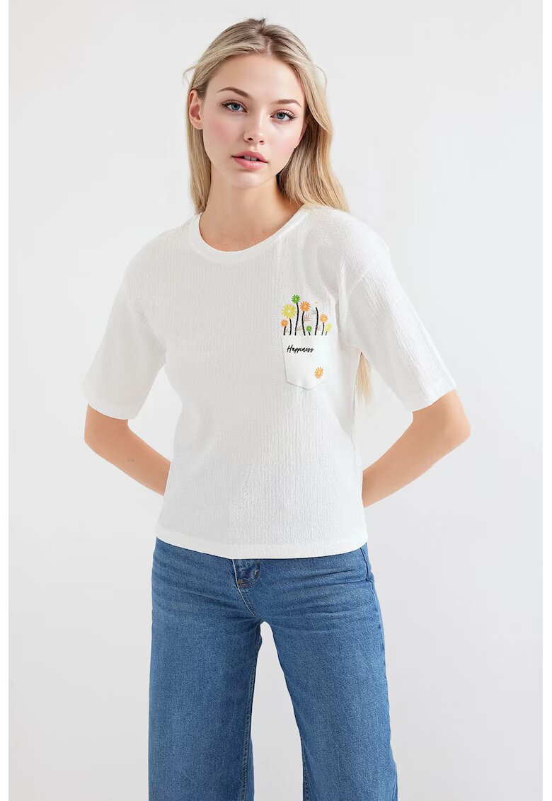 Big Dart Tricou dama HiCCUP - guler rotund - imprimeu brodat - alb - poliester-lycra