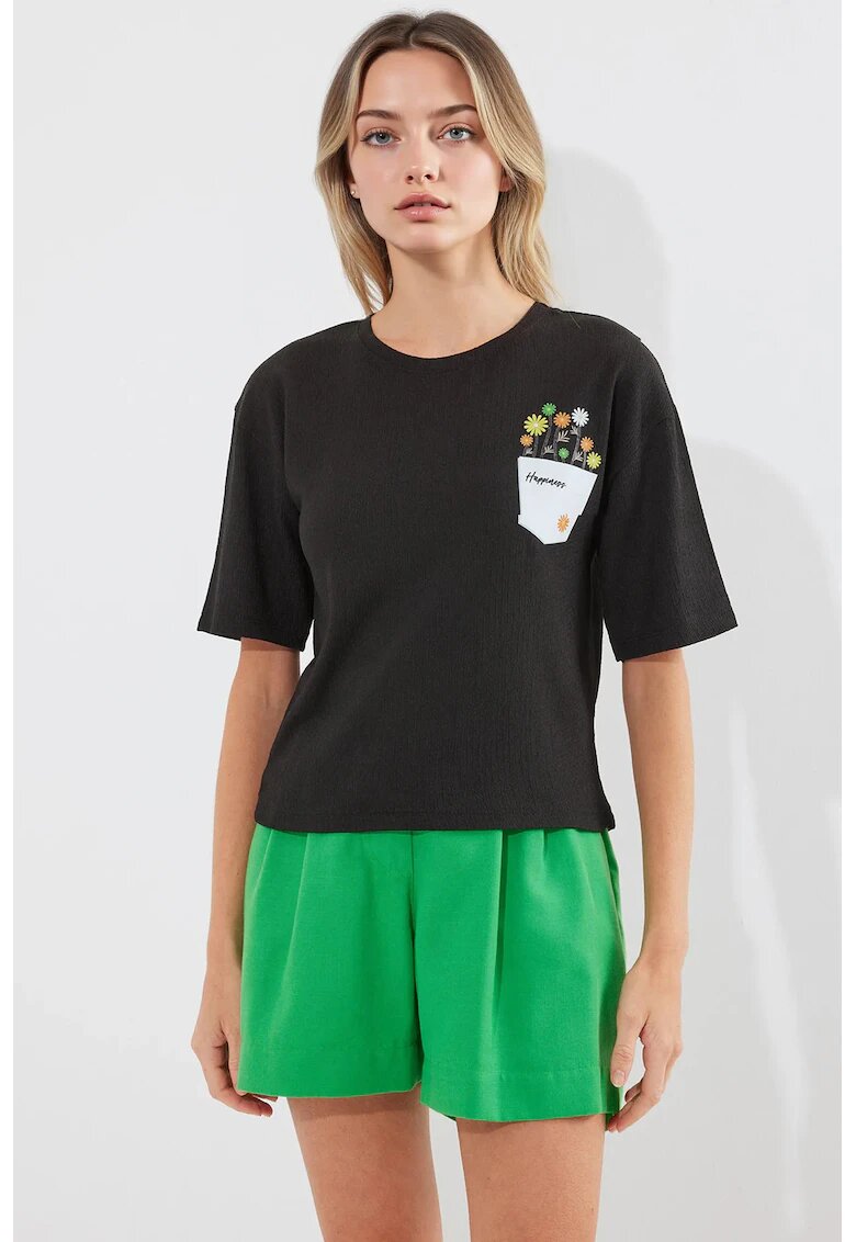 Big Dart Tricou dama HiCCUP - guler rotund - imprimeu brodat - negru - poliester-lycra