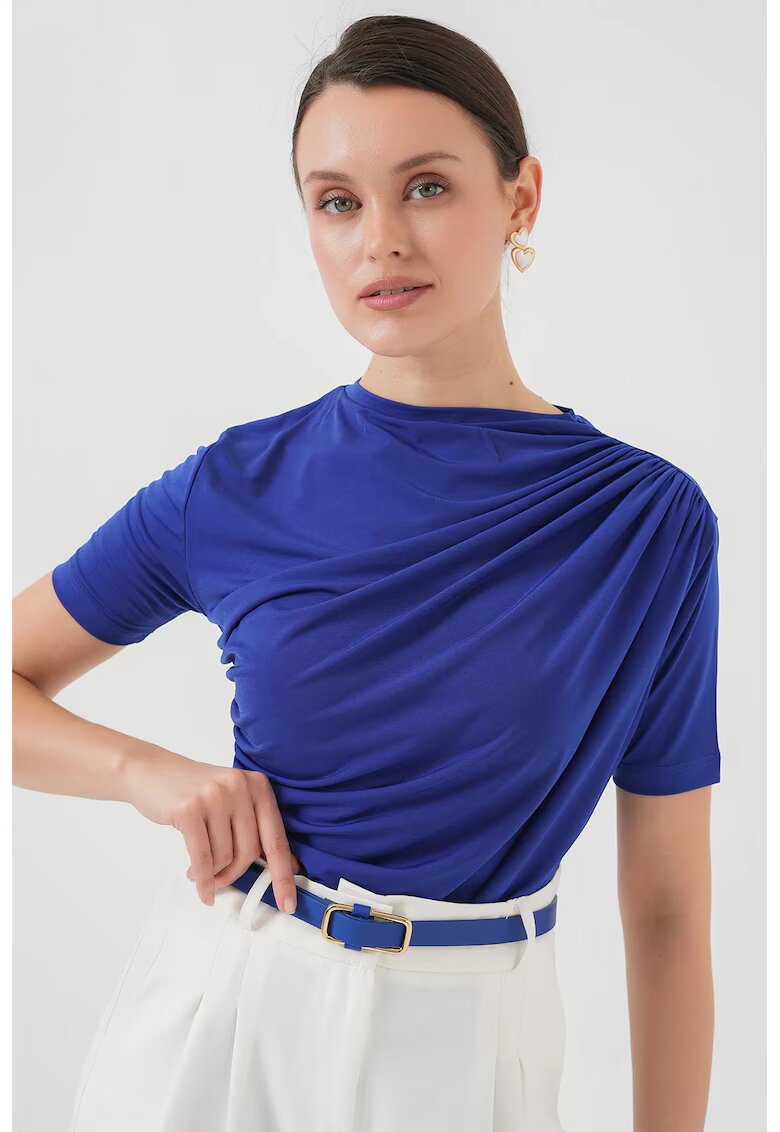 Big Dart Tricou dama HiCCUP - tricot/elastan - decolteu rotund - detalii cu volane - albastru cobalt -