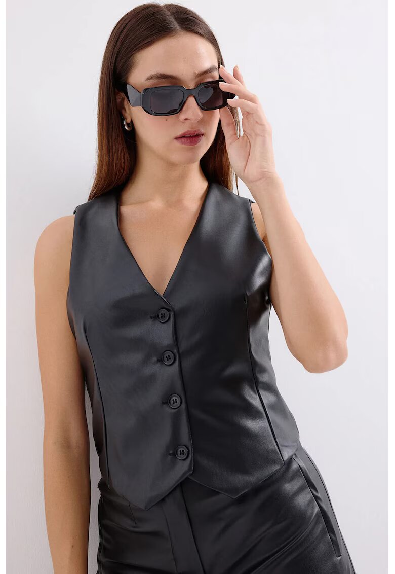 Big Dart Vesta scurta din imitatie de piele - decolteu in V - neagra