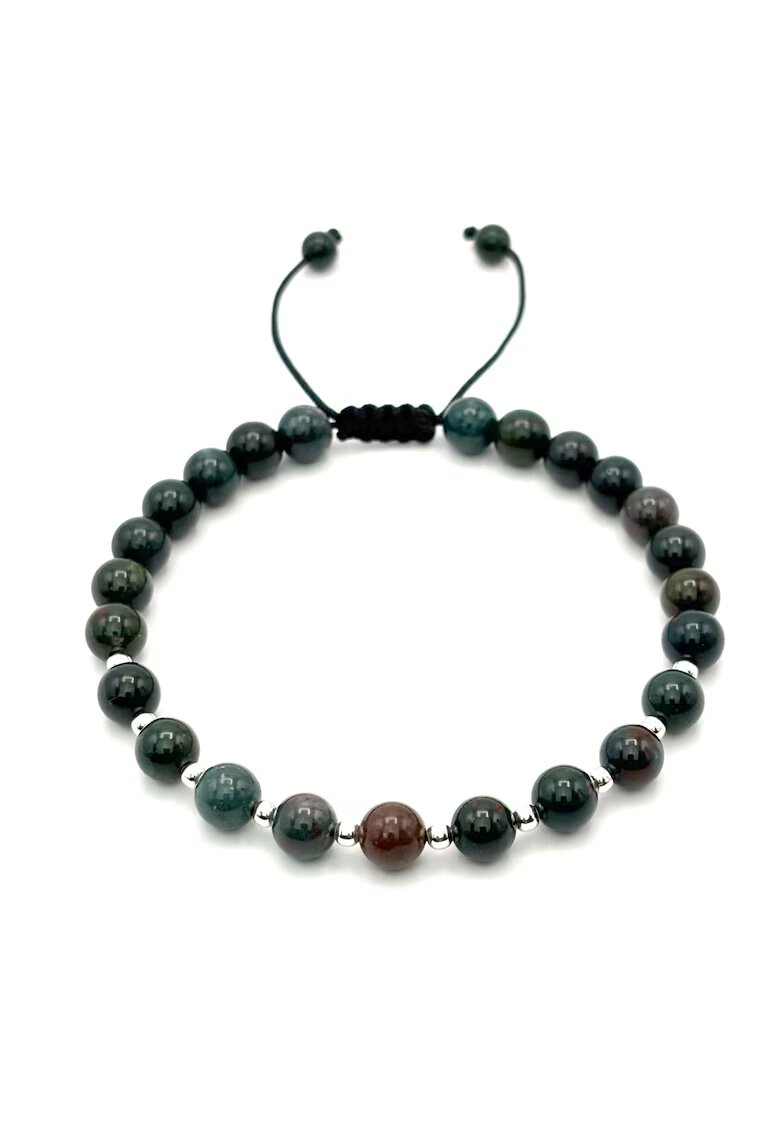 BIJUTERIA NEAGRA Bratara cu 10 bile din Argint 925 si pietre naturale Agat Indian de 6mm - snur reglabil - barbat