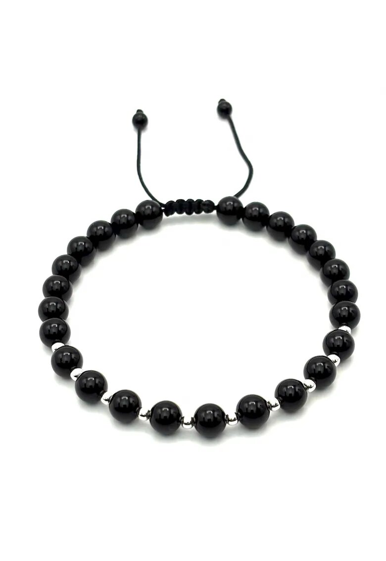 BIJUTERIA NEAGRA Bratara cu 10 bile din Argint 925 si pietre naturale Onix de 6mm - snur reglabil - barbat