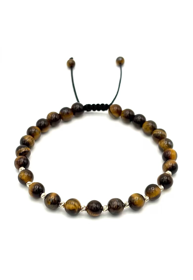 BIJUTERIA NEAGRA Bratara cu 10 bile din AUR 14K si pietre naturale Ochi de Tigru de 6mm - snur reglabil - barbat