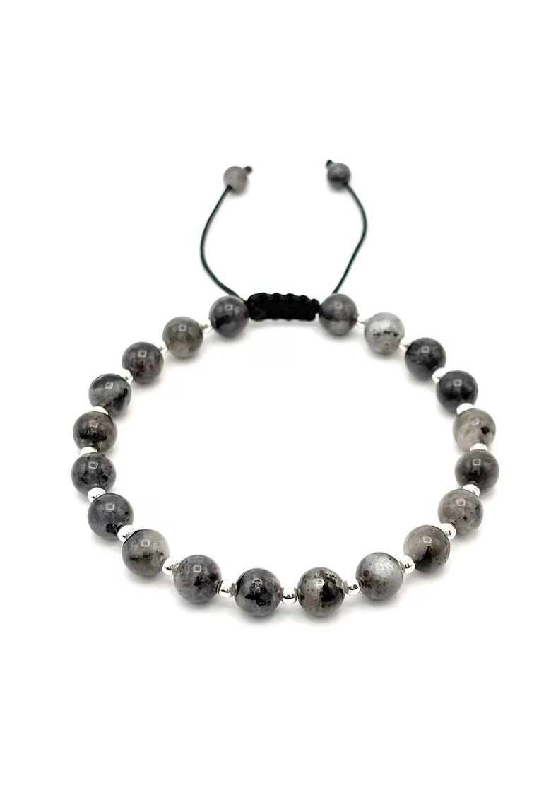 BIJUTERIA NEAGRA Bratara cu 19 bile din Argint 925 si pietre naturale Labradorit de 6mm - snur reglabil - barbat