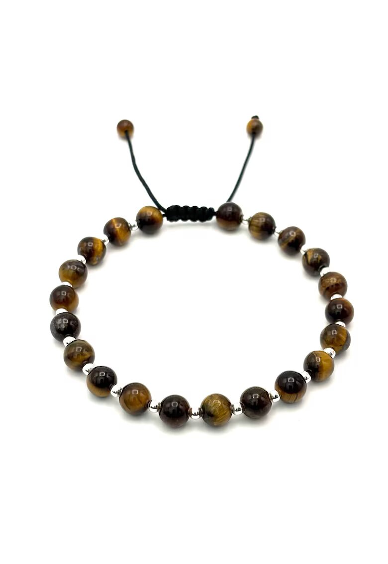 BIJUTERIA NEAGRA Bratara cu 20 bile din Argint 925 si pietre naturale Ochi de Tigru de 6mm - snur reglabil - barbat
