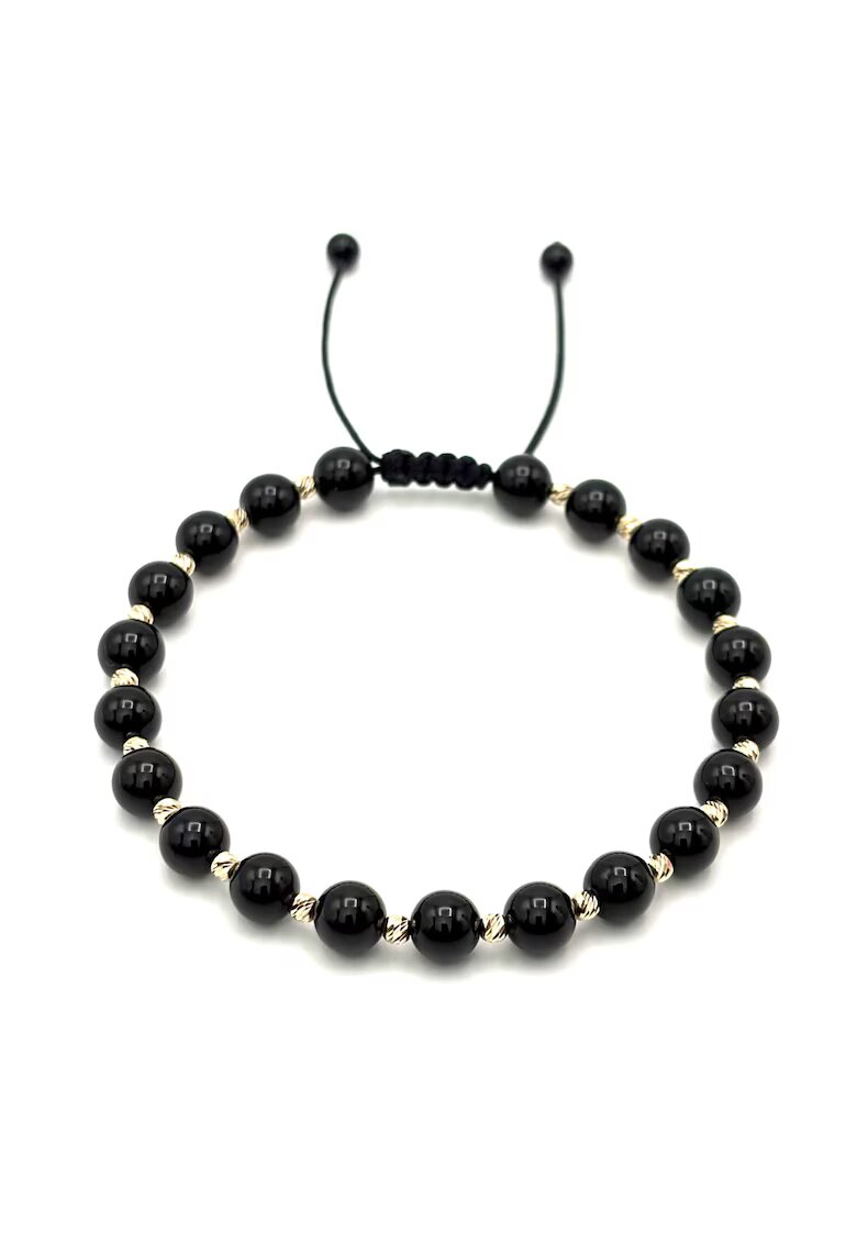 BIJUTERIA NEAGRA Bratara cu 20 bile din AUR 14K si pietre naturale Onix de 6mm - snur reglabil - barbat