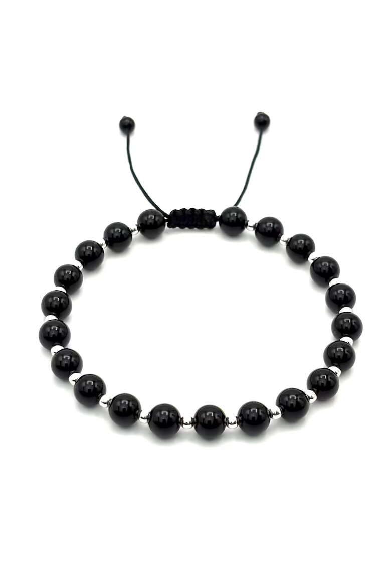 BIJUTERIA NEAGRA Bratara cu 20 bile din si pietre naturale Onix de 6mm - snurdwqf reglabil - barbat