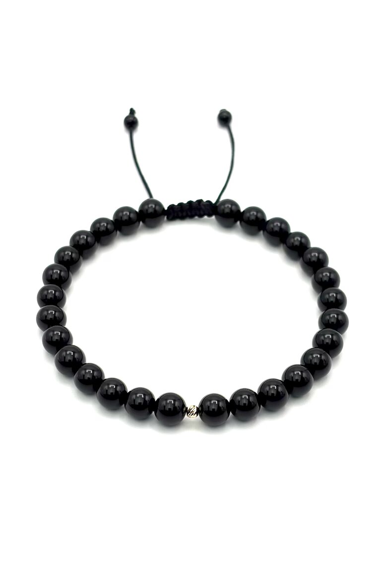 BIJUTERIA NEAGRA Bratara cu bila din AUR 14K si pietre naturale Onix de 6mm - snur reglabil - barbat