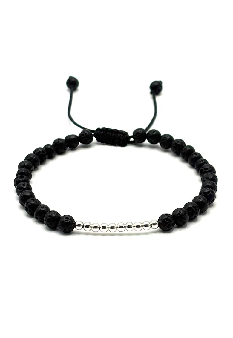 BIJUTERIA NEAGRA Bratara cu bile din Argint 925 si pietre naturale semipretioase Lava - snur negru reglabil - barbat