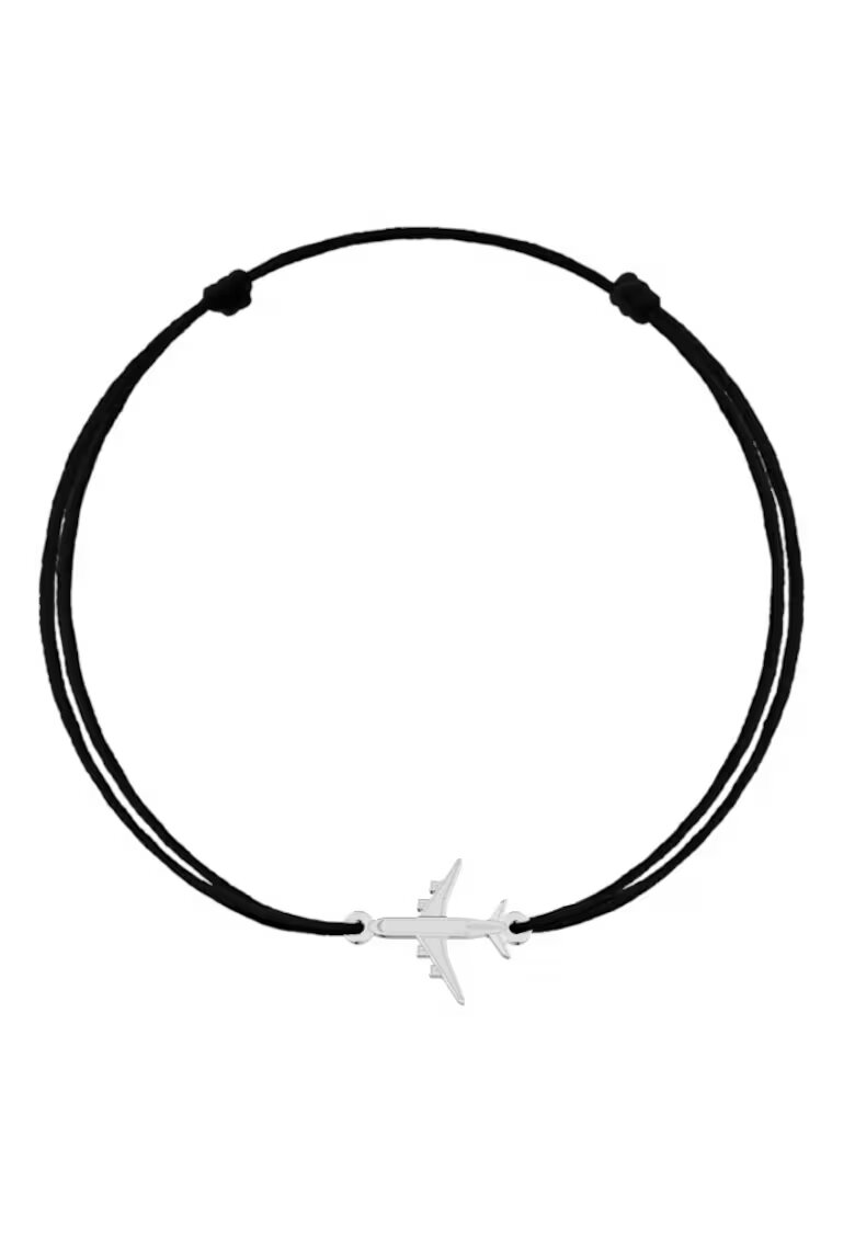 BIJUTERIA NEAGRA Bratara cu pandantiv Avion din Argint 925 - snur negru reglabil