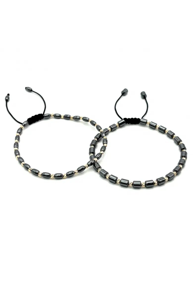 BIJUTERIA NEAGRA Set doua Bratari cu bile din AUR 14K si Hematit - reglabile - barbat