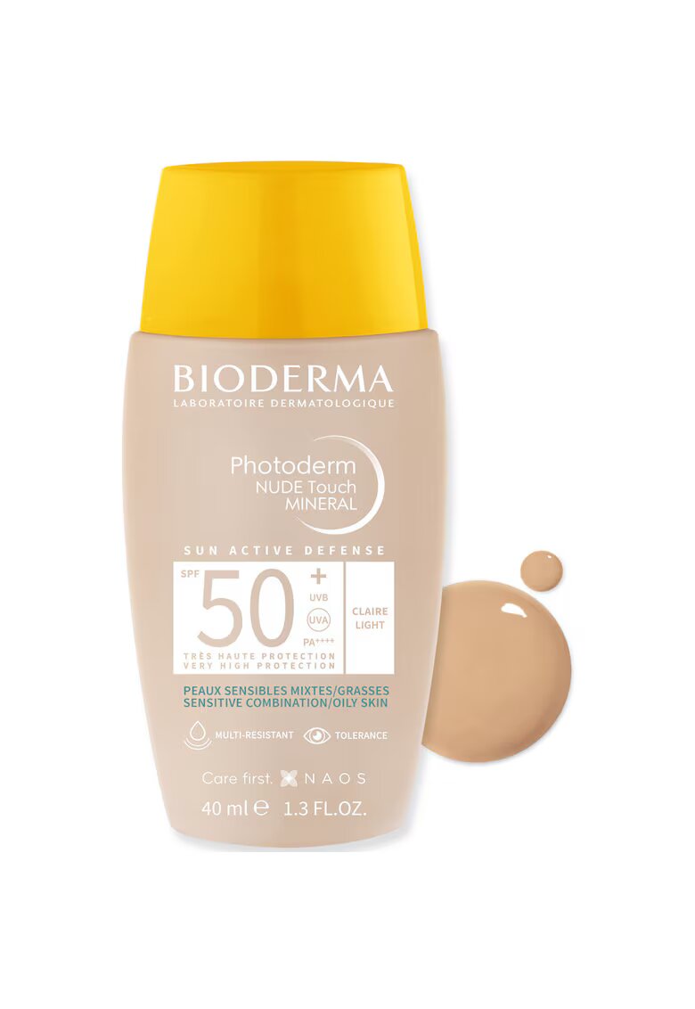 Bioderma Fluid cu protectie solara Photoderm Nude Touch Mineral SPF 50+ nuanta deschisa - pentru ten mixt si gras - 40 ml