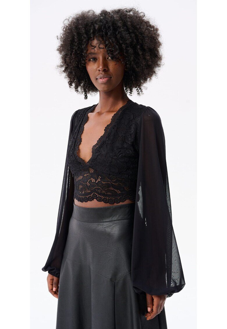 blue shadow Bluza crop cu dantela si decolteu in V Aquafina